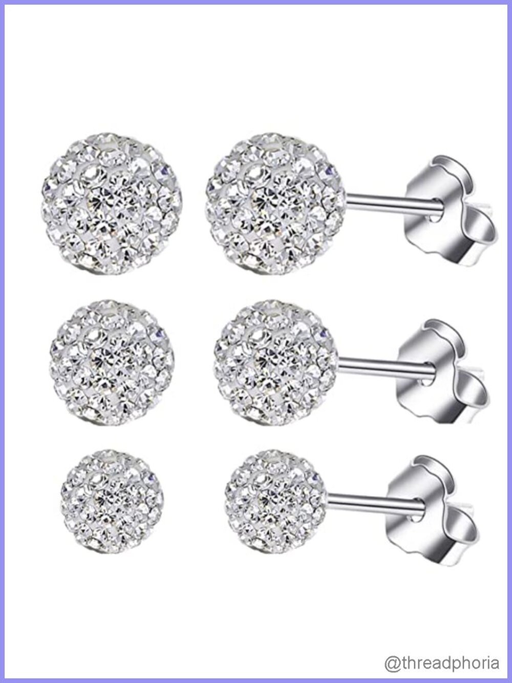 3 Pairs Crystal Ball Stud Earrings Sterling Silver Post Hypoallergenic